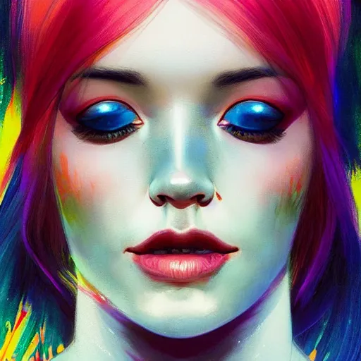 Image similar to half - voidcore symmetrical woman with cute - fine - face, pretty face, multicolored hair, realistic shaded perfect face, extremely fine details, by realistic shaded lighting, dynamic background, poster by ilya kuvshinov katsuhiro otomo, magali villeneuve, artgerm, jeremy lipkin and michael garmash and rob rey, pascal blanche, riot games