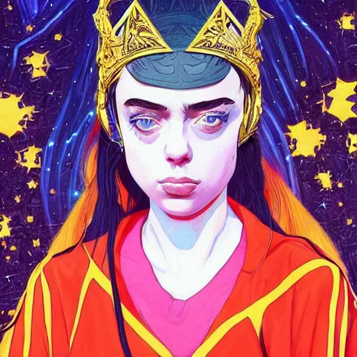 Image similar to closeup : beautiful breathtaking young billie eilish as the empress of the universe sits on stellar throne. illustration by james jean and satoshi kon and erik jones, inspired by evangelion, smooth feature, intricate oil painting, high detail illustration, sharp high detail