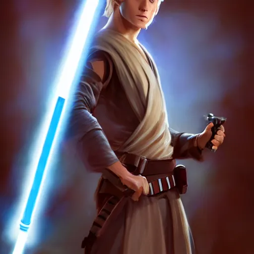 Prompt: full body Over-the-Shoulder Shot of a young blonde male jedi with short hair with his blue lightsaber is ignited illuminating him and the scene, concept art by Doug Chiang cinematic concept art, realistic painting, high definition, digital art, matte painting, symmetrical, very detailed, realistic, dramatic lighting, cinematic, establishing shot, extremely high detail, photo realistic, cinematic lighting, post processed, concept art, artstation, matte painting, red color scheme, the Mandalorian concept art style