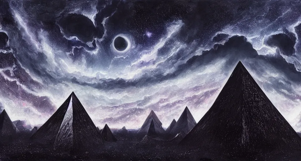 Image similar to black lovecraftian eldritch!! large obsidian pyramid!! surrounded by black motionless sea, endless cosmic sinister space!, bright stars, infinite nebula, sky background by eugene von guerard, ivan shishkin, night, concept art, trending on artstation, 8 k