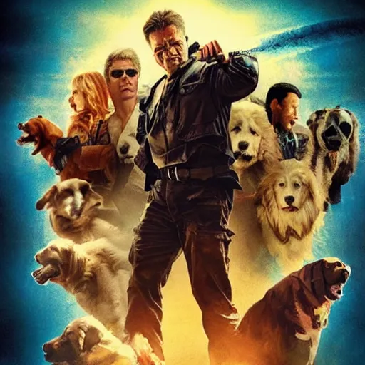 Image similar to poster for a big budget hollywood action movie about a man who avenges the death of his dog, cinematic, illustration, highly detailed