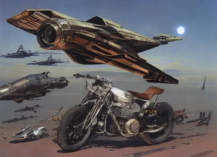 Prompt: ( ( ( ( ( classic vintage motorcycle, motorcycle concept art, sci - fi illustration, painting ) ) ) ) ) by vincent di fate and john berkey and star wars and rocketeer!!!!!!!