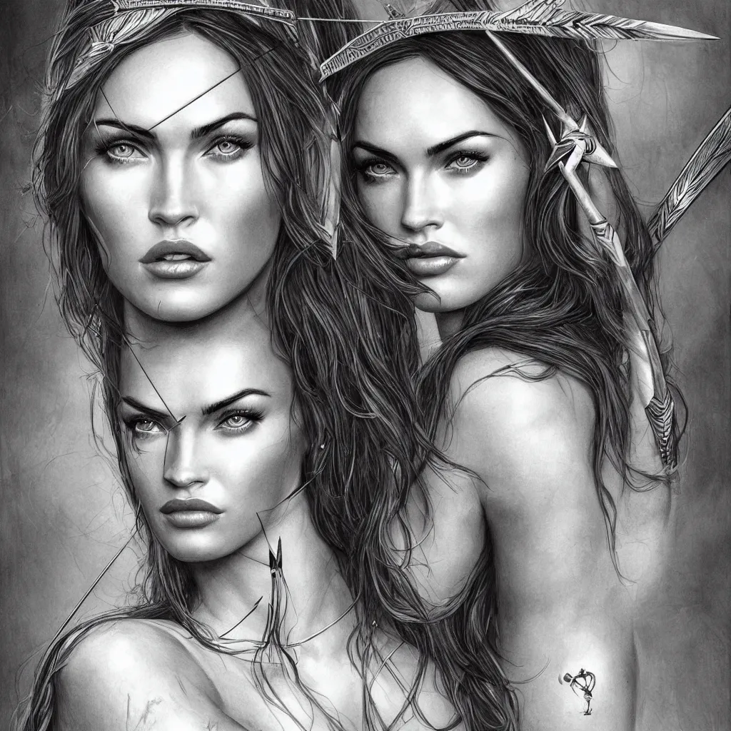 Image similar to portrait of beautiful megan fox as greek goddess aphrodite, archer, arrow on the head, beautiful piercing eyes, flowing blonde hair, realistic face, black and white drawing, in the style of greg rutkowski, fantasy, amazing detail, epic, intricate, elegant, smooth, sharp focus