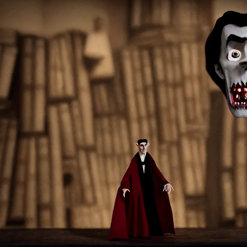 Prompt: dracula alone in a giant library, 3 d stop motion claymation, atmospheric, hand crafted