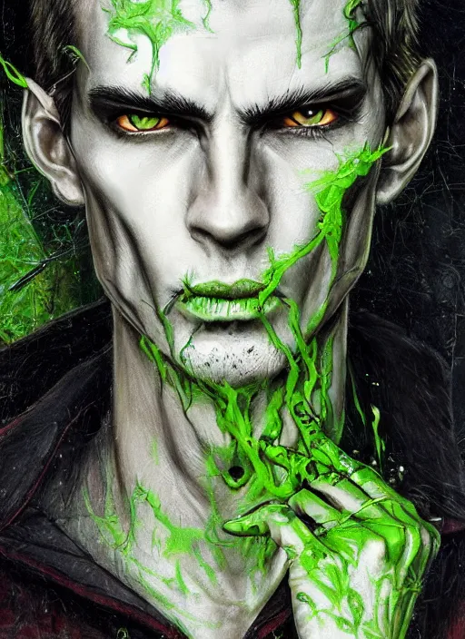 Prompt: a Demon Slayer portrait of Johnny Silverhand, tall, pale-skinned, slender with lime green eyes and long eyelashes by Stanley Artgerm, Tom Bagshaw, Arthur Adams, Carne Griffiths, trending on Deviant Art, street art, face enhance, chillwave, maximalist, full of color, glittering