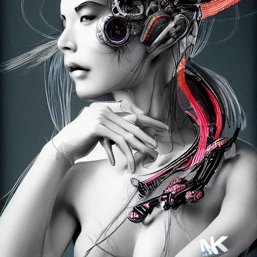 Image similar to the portrait of an absurdly beautiful, graceful, elegant, sophisticated, fashionable cyberpunk gravure idol, an ultrafine hyperdetailed illustration by kim jung gi, irakli nadar, intricate linework, bright colors, porcelain skin, unreal engine 5 highly rendered, global illumination, radiant light, detailed and intricate environment