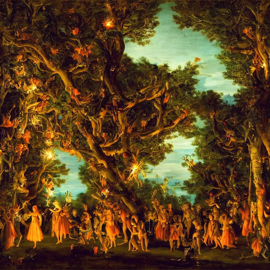 Image similar to a night carnival around a magical tree cavity, with a surreal orange moonlight and fireworks in the background, next to a lake with iridiscent water, christmas lights, folklore animals and people disguised as fantastic creatures in a magical forest by summer night, masterpiece painted by pompeo girolamo batoni, dark night environment