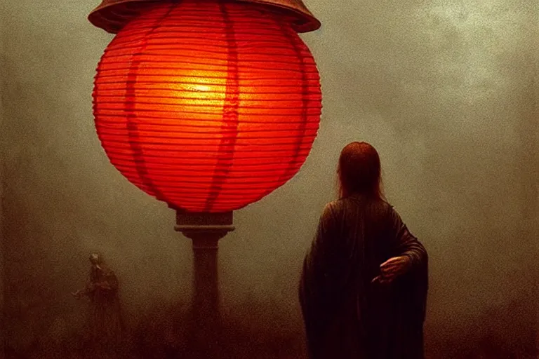 Image similar to girl handing a lantern to the watcher, in the style of beksinski, intricate and epic composition, black by caravaggio, insanely quality, highly detailed, masterpiece, red light, artstation, 4 k, very clean render,