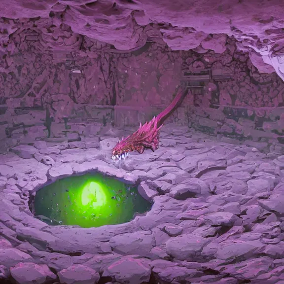 Image similar to detailed shot of inside a cavernous living stomach, the walls purple and pulsing, lots of acid pooling up on the floor, digesting and dissolving a small dragon as it thrashes in acid, food pov, micro pov, vore, digital art, furry art, anthro art, high quality, 8k 3D realistic, macro art, micro art, Furaffinity, Deviantart, Eka's Portal, G6