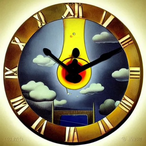 Image similar to synchronicity clock illustration detailed surrealism rene magritte