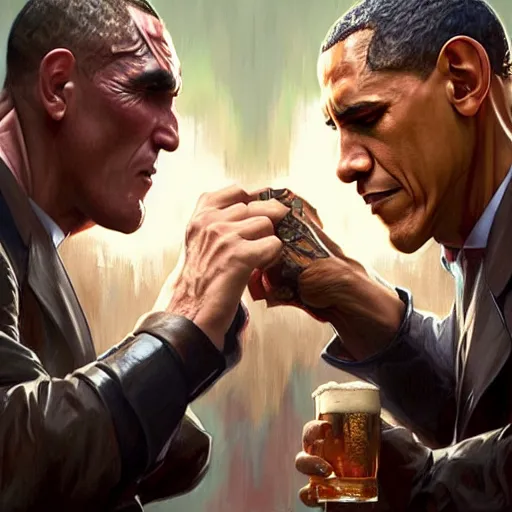 Image similar to vinnie jones and barak obama fighting in a pub, real life skin, intricate, elegant, highly detailed, artstation, concept art, smooth, sharp focus, art by artgerm and greg rutkowski and alphonse mucha