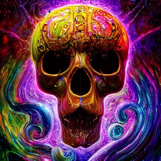 Prompt: portrait of a fantasycore glitchcore deformed animal skull in a helmet. intricate abstract. intricate artwork. celestial. prismatic, by josephine wall, pixar, ghibli. octane render, CGSociety very coherent symmetrical artwork. cinematic, hyper realism, high detail, octane render, 8k, holographic accents