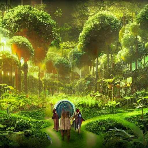 Image similar to a post - singularity solarpunk harmonic green lush overgrown forest world in which the ai ’ s highest goals is to induce the utmost state of happiness to its people by creating and playing music