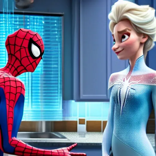 Prompt: spiderman and pregnant princess elsa talking in the kitchen, into the spiderverse cinematic render, 2 0 1 8 ) sony animation official media, clear details, award winning, blue gown, third trimester