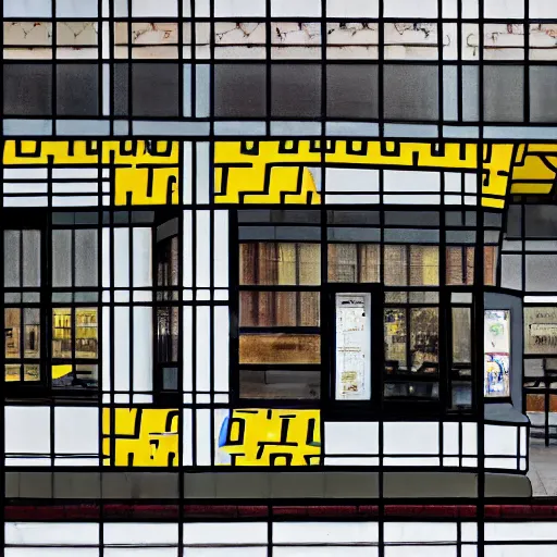 Image similar to waffle house store but the sign says awful waffle by piet mondrian, damien hirst, marcel duchamp, architecture design, detailed