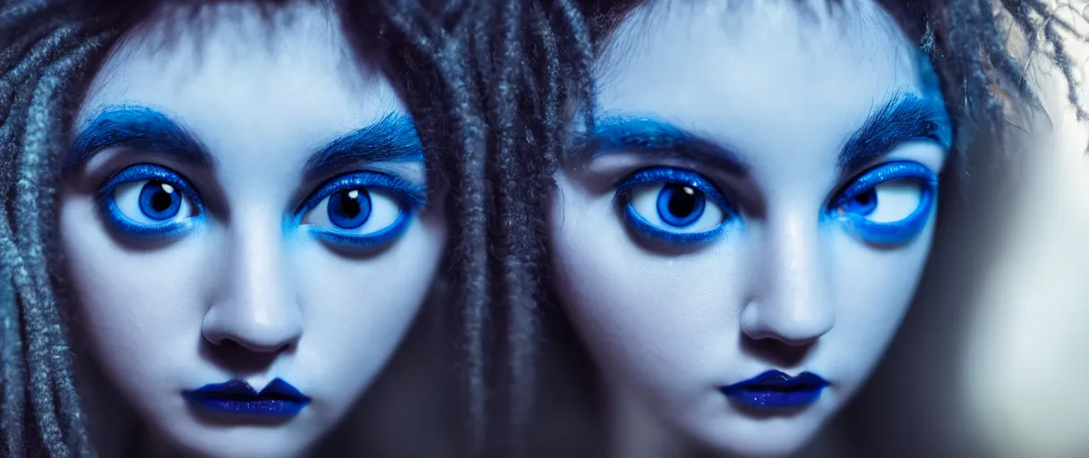 Image similar to hyperrealistic high quality photo close-up portrait of a cute blue gothic medusa with round puppy eyes sharp cinematic lighting 8k low angle shallow depth of field