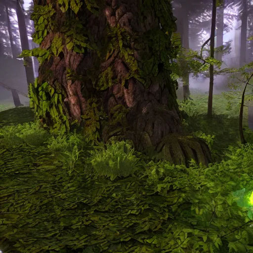 Image similar to warrior cats forest, unreal engine, cliff, cool, vines, sunrays