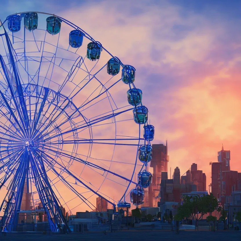 Image similar to unreal engine render, a blue guitar with a ferris wheel in the background, cinematic, sunset, fantasy, 8 k, trending on artstation