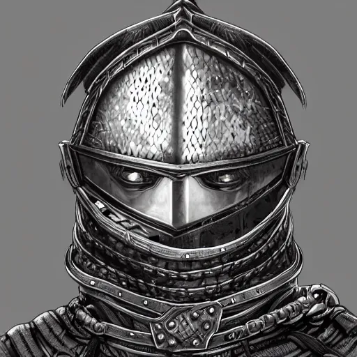 Image similar to realistic portrait, 30 year old man :: athletic, rough, agressive :: short black hair :: medieval metal helmet, chain mail :: high detail, digital art, RPG, concept art, illustration