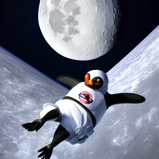 Image similar to insanely high detailed 3D render of a lazy penguin dressed in an astronaut body suit, floating in space, moon in the background, octane render, 4k, trending