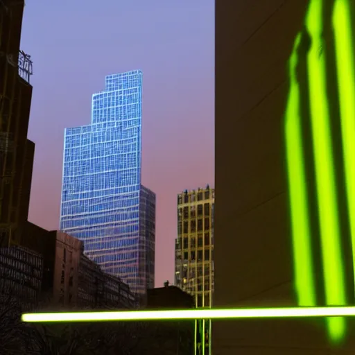 Image similar to defined by dan flavin rendered in rtx. art installation. a cityscape in which tall, imposing buildings loom over a small city park. the scene is suffused with a eerie, light, & the overall effect is one of foreboding & menace.