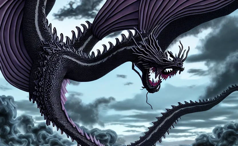Prompt: a pastel color black dragon, with a dreamy background. extremely intricate and detailed, junji ito, uzumaki, manga, anime, adrian ghenie, and james jean. 8 k cinematic lighting, hyper realism