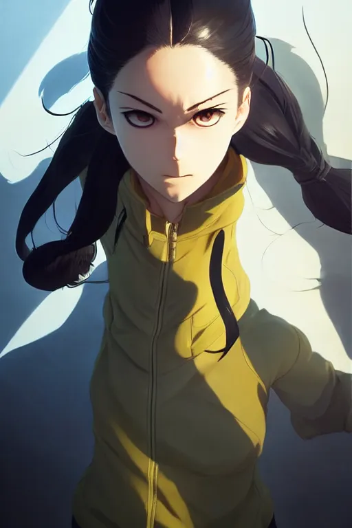 Image similar to black ponytail hair, pale woman in a black zipper jacket, yellow eyes, by artgerm, hair tied in a ponytail, white backdrop, soft lighting, fighting pose, dynamic angle, by greg rutkowski makoto shinkai takashi takeuchi