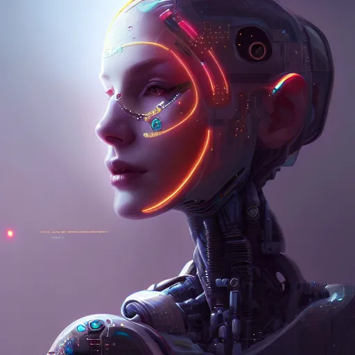 Prompt: full body portrait, cyberpunk robotic elvish queen, extremely detailed, hyperrealistic, intricate, soft light, fantasy, digital painting, art station, by wlop, 4 k