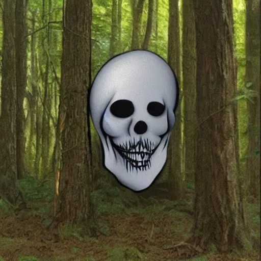 Image similar to realistic optical illusion of a ghost that looks like a skelet into the woods