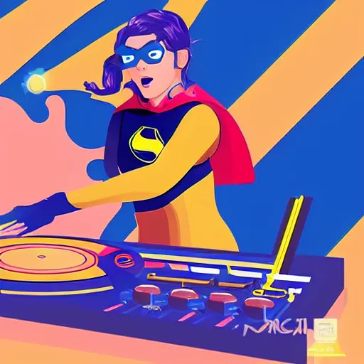 Prompt: a heroic woman wearing a blue super hero outfit playing on turntables, digital artwork, art station trending, ultra high detail