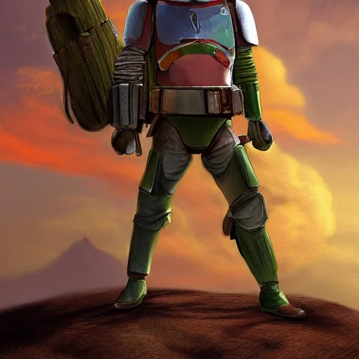 Prompt: Boba Fett learning to fly in Easter Island, Digital art, Award winning, masterpiece