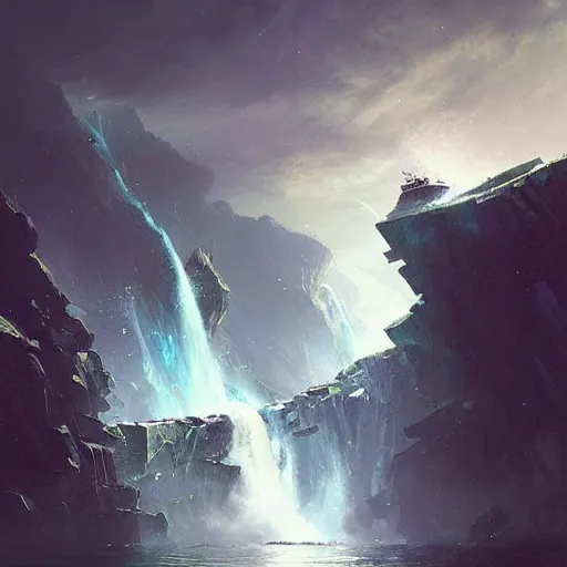 Image similar to A ship falling off the infinitely wide waterfalls at the edge of the world, fantasy art by Greg Rutkowski