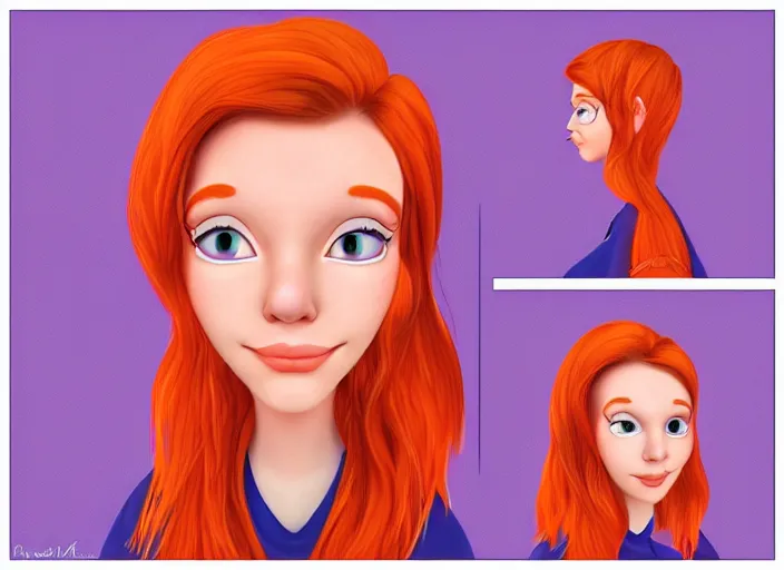 Prompt: portrait Girl with orange hair and freckles, purple background, cute-fine-face, pretty face, fine details. realistic shaded lighting by disney style,