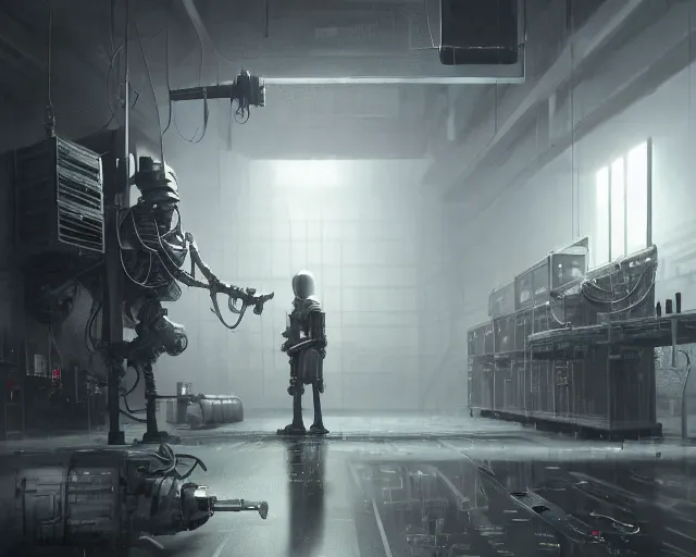 Image similar to gloomy ruined server room in datacenter robot figure automata headless robot knight colossus welder posing pacing fixing soldering mono sharp focus, emitting diodes, smoke, artillery, sparks, racks, system unit, motherboard, by pascal blanche rutkowski repin artstation hyperrealism painting concept art of detailed character design matte painting, 4 k resolution blade runner