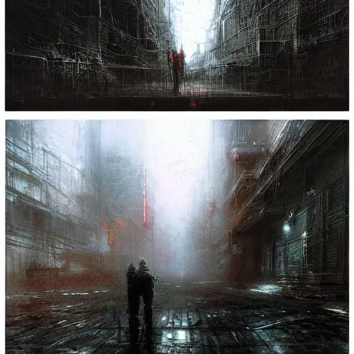 Prompt: lost and alone in a cyberpunk noir city by gustave dore and gustave moreau and beksinski and giger and craig mullins and jeremy mann