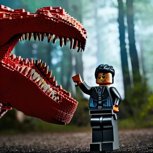 Prompt: photo of a T-Rex made of Lego, cinematic drama scene, scary 8k