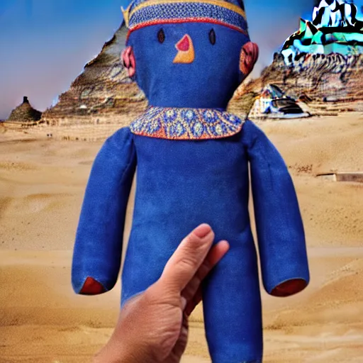 Image similar to blue'snappy gifts'human - sized plush doll, at the pyramids in egypt, holding gift, happy atmosphere, high detail, soft lighting, 8 k