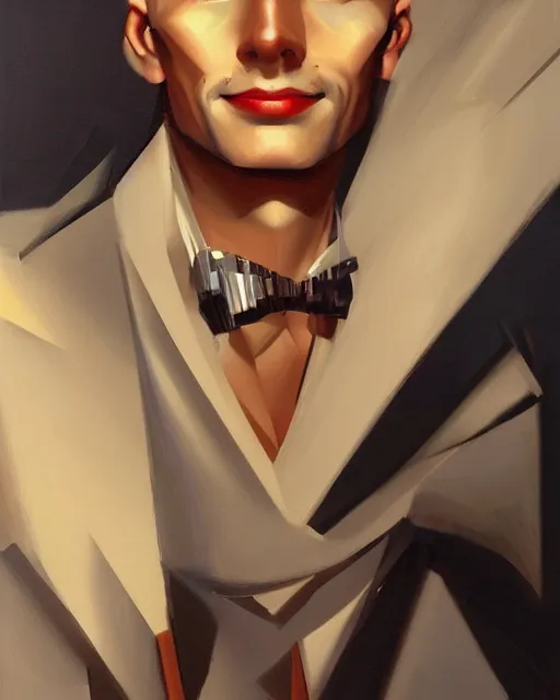 Prompt: portrait of a smiling man, art deco style, beautiful, elegant, mesmerizing, concept art, highly detailed, smooth, fantastical, artstation, deviantart, trending, by tamara de lempicka, sana takeda