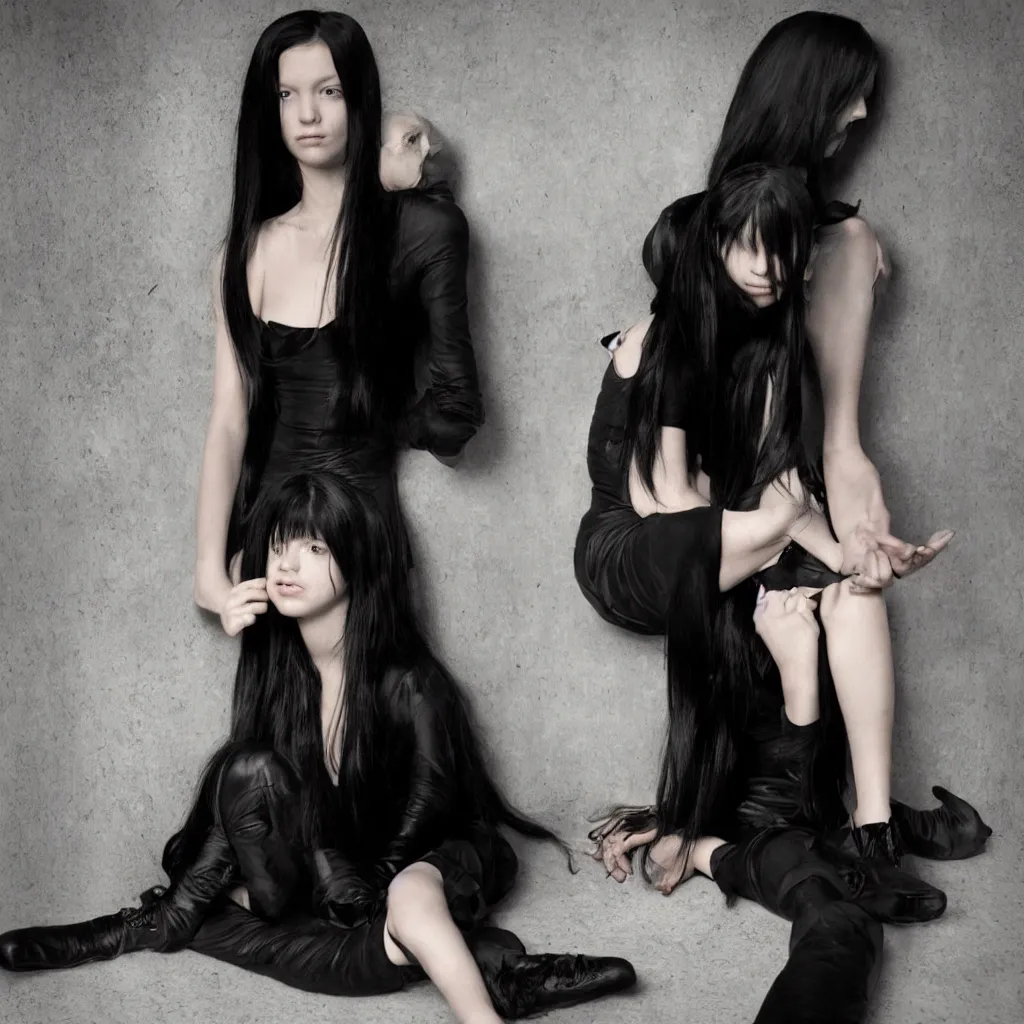 Image similar to photo of young girl with straight long black hair wearing black dress and sitting on bathroom floor, photo made by mario testino and vanessa beecroft, render by artgem for capcom co, resident evil