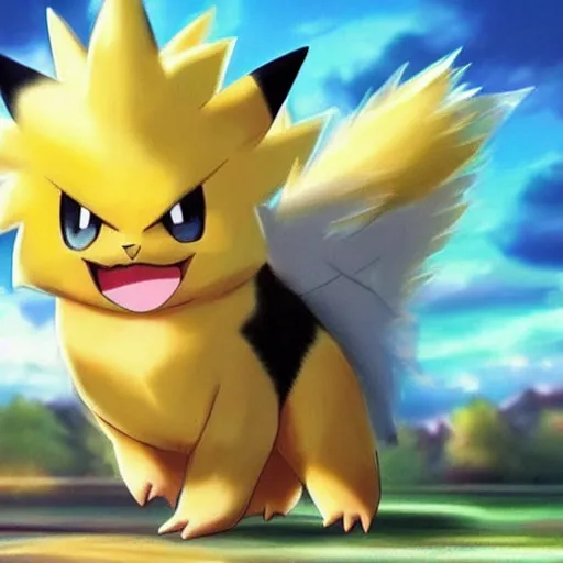 Image similar to real life pokemon, generation 1, zapdos, cute!!!, content!!!, mischievous!!!, adorable!!!, fluffy!!!, ultra realistic!!!, golden hour, sharp focus