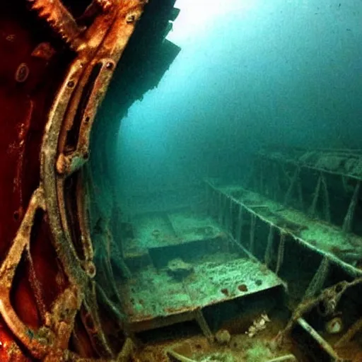 Image similar to inside of a rusty shipwreck, underwater, creepy, horror, eerie, scary,