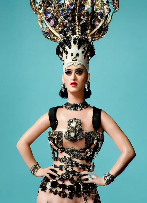 Image similar to katy perry styled by nick knight posing, full body shot, intricate headpiece, vogue magazine, canon, highly realistic. high resolution. highly detailed. dramatic. 8 k. 4 k.