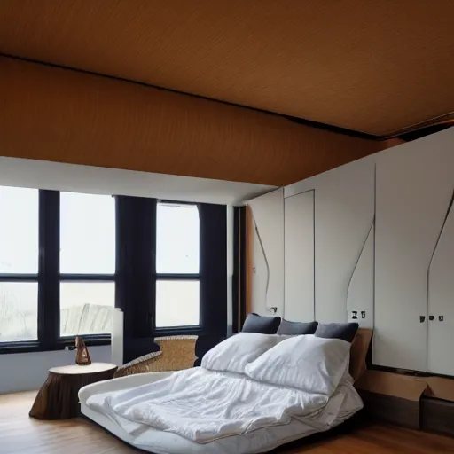 Prompt: photograph of a bedroom with horizontal zippers running through the image