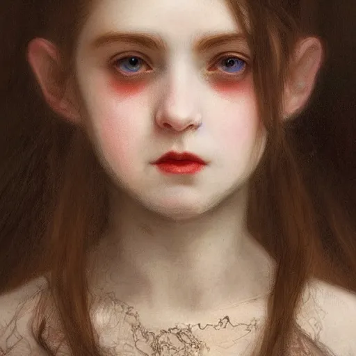 Image similar to portrait of young vampire princess, head only, realistic eyes, headshot, pale skin, 4k, rule of thirds, extreme detail, intricate illustration, trending artstation, cgsociety, hd, fantasy, realistic lighting, by Albert Bierstadt, Frederic Edwin Church.