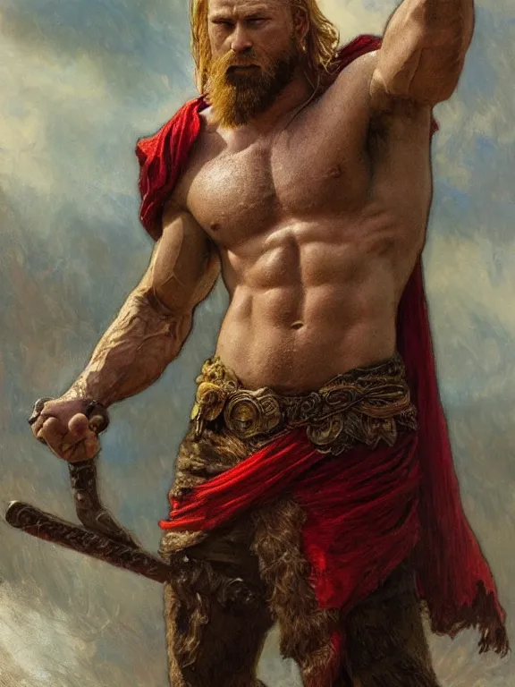 Image similar to painted portrait of rugged thor, god of thunder, norse god, red hair, masculine, mature, handsome, upper body, red and gold, muscular, hairy torso, fantasy, intricate, muscular, elegant, highly detailed, digital painting, artstation, concept art, smooth, sharp focus, illustration, art by gaston bussiere and alphonse mucha