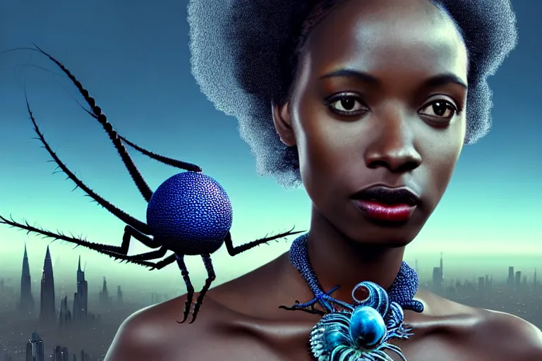 Image similar to realistic detailed photorealistic film portrait shot of a beautiful black woman with a giant spider, sci - fi city landscape background by denis villeneuve, amano, yves tanguy, alphonse mucha, ernst haeckel, andrei tarkovsky, edward robert hughes, roger dean, necklace, dynamic pose, rich moody colours, wide angle, blue eyes