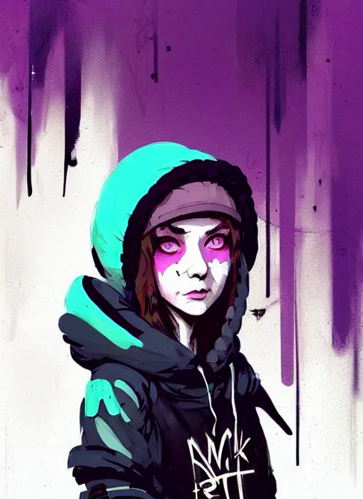 Prompt: highly detailed portrait of a sewer punk lady student, blue eyes, tartan hoodie, white hair by atey ghailan, by greg rutkowski, by greg tocchini, by james gilleard, by joe fenton, by kaethe butcher, gradient purple, black, brown and pink color scheme, grunge aesthetic!!! ( ( graffiti tag wall background ) )