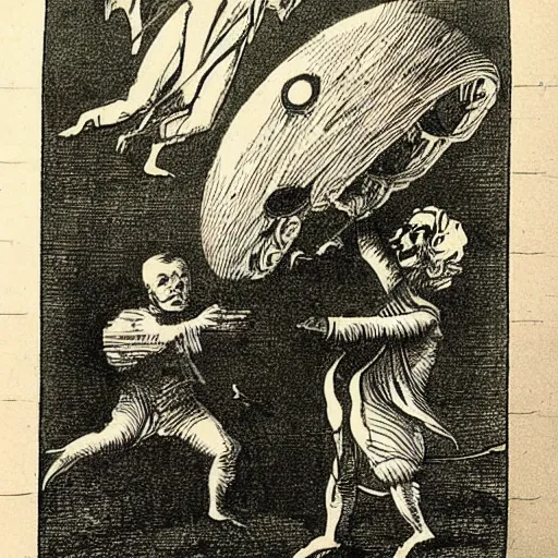 Prompt: a 1800s litograph depicting first contact between aliens and humans