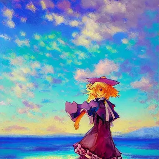 Prompt: Beautiful abstract impressionist painting of Kirisame Marisa from the Touhou project standing on a cliff overlooking the sea, touhou project official artwork, danbooru, oil painting by Antoine Blanchard, wide strokes, pastel colors, soft lighting sold at an auction