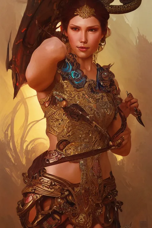 Prompt: a anthropomorphic snake warrior, D&D, fantasy, intricate, highly detailed, digital painting, artstation, concept art, smooth, sharp focus, illustration, art by artgerm and greg rutkowski and alphonse mucha